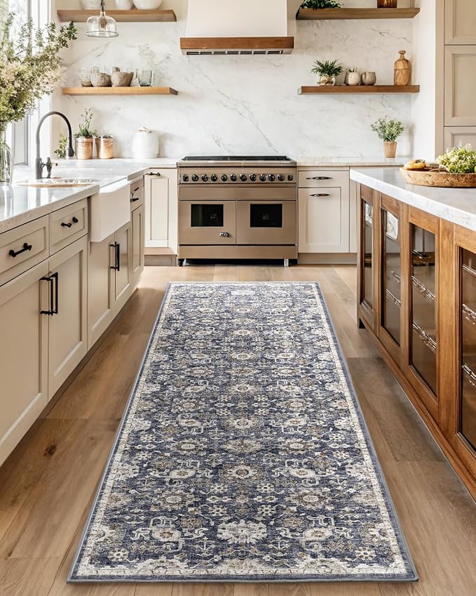 AMADA HOMEFURNISHING 2'6"x10' Washable Area Rug, Low-Profile Entryway Rug with Non-Slip Backing & Durable Edge Binding, Vintage Rug Pattern, Small Rugs for Entryway, Kitchen & Living Room