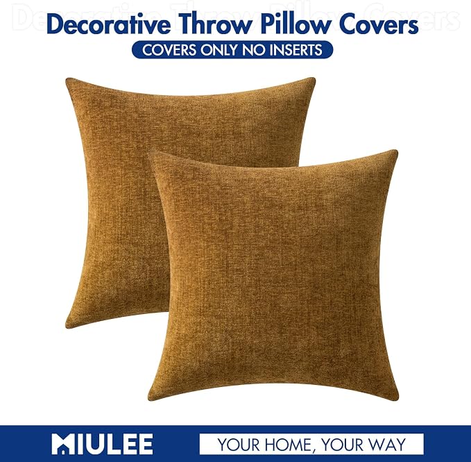 MIULEE Soft Chenille Throw Pillow Covers Mustard 20x20 Inch Pack of 2 | Modern Home Decor, Classic Decorative Pillows, Solid Dyed Cases, Boho Couch Cushion Covers for Sofa Bed Living Room