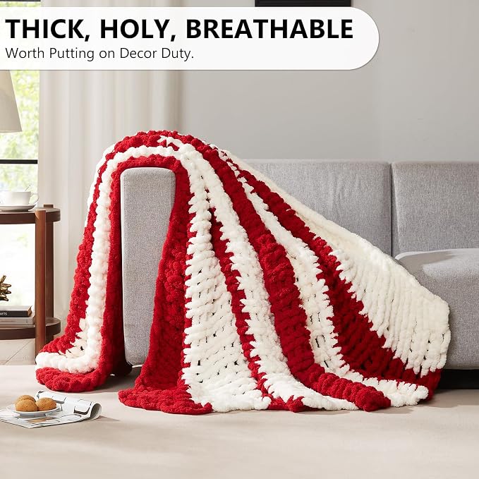 L'AGRATY Chunky Knit Throw Blanket for Couch, 60 x 80 Inches, Red White | Handmade Chenille Crochet Blanket for Sofa Bed, Thick Cable Knitted Blankets for Room Home Decor, Birthday Gift for Women Mom