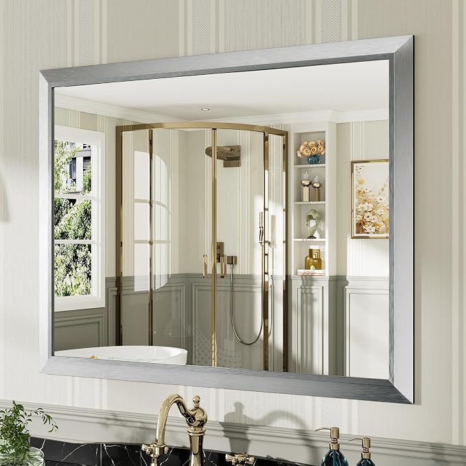 Bathroom Wall Mirror, Silver Brushed Nickel Metal Frame, 40x32 Inch | Anti-rust, HD tempered glass, for bathroom vanity, bedroom, living room, horizontal or vertical mount