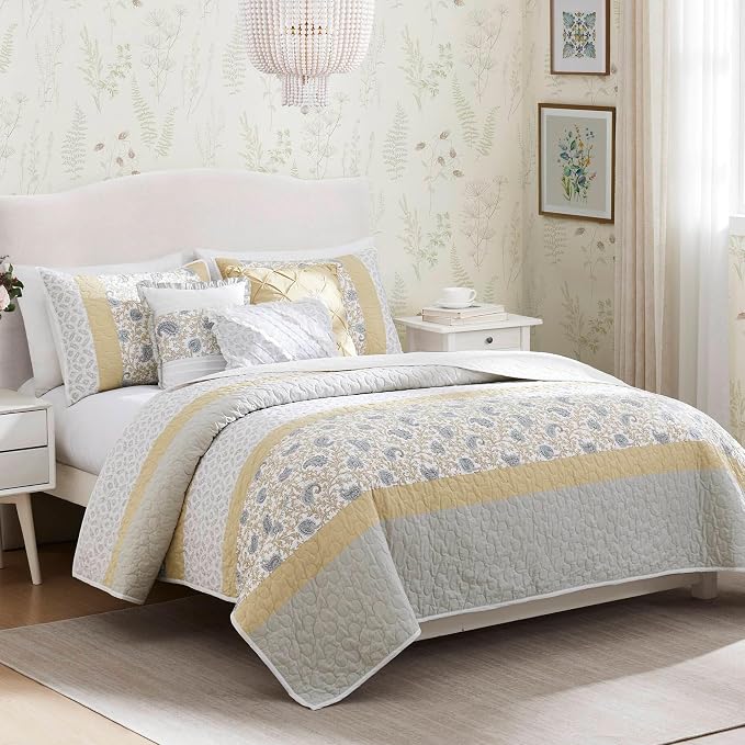 Madison Park 100% Cotton Quilt Set Floral Print, Double Sided Stitching, All Season, Lightweight Coverlet Shabby Chic Bedding Layer, Matching Shams, Full/Queen, Yellow 6 Piece | Double-Sided Stitching Floral Design, All Season, with Shams, Bed Skirt, D...