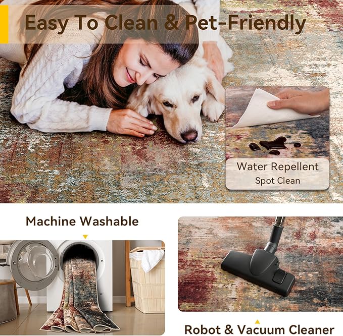 RELEANY Washable Runner 2'6"x14' Abstract Area Rug for Hallway Rustic Brown | Carpet for Kitchen, Entryway, Bathroom, Living Room, Bedroom, Printed Pattern, Non‑Slip, Soft, Stain‑Resistant, Easy to Clean