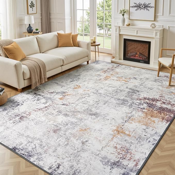 Rugflix 8x10 Area Rugs for Living Room, Washable Beige Grey Large Rug | Machine Washable; Stain-Resistant; Low Pile; Non-Slip; Modern Abstract; Carpet for Bedroom Dining Office Nursery Home