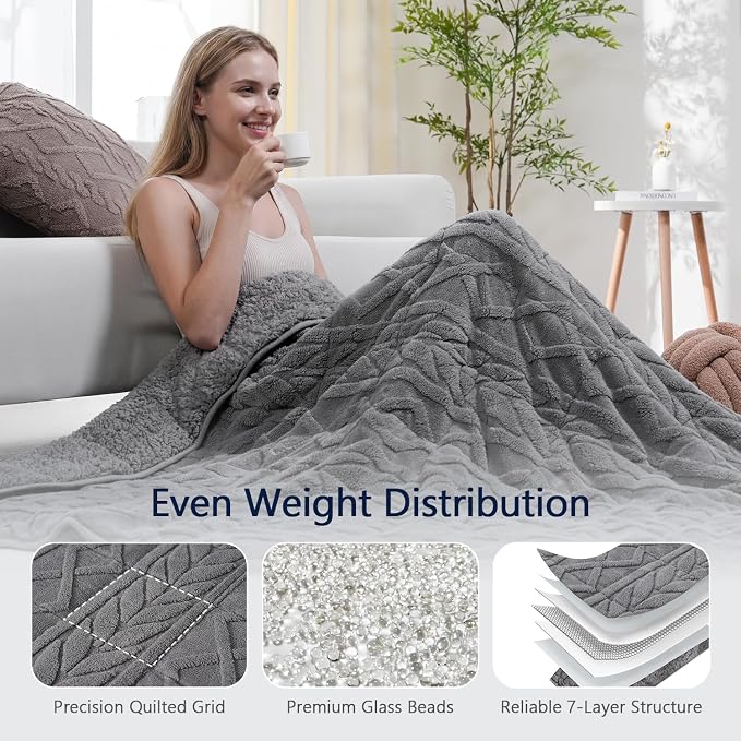 Mr. Sandman Weighted Blankets for Adults, Queen Size 60 x 80 Inches, 15lbs | Machine Washable; Soft Warm Sherpa Fleece; Fluffy Jacquard with Glass Beads; Heavy Throw for Sleep and Calm; Jacquard Grey