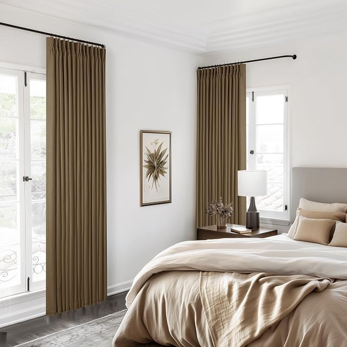 Dutch Cocoa Linen Blackout 92 Inch Curtains for Living Room 2 Panels Set | Pinch Pleated Back Tab, Thermal Insulated Full Black Out Curtains, Memory Shape, for Bedroom High Ceiling to Floor, 40x92