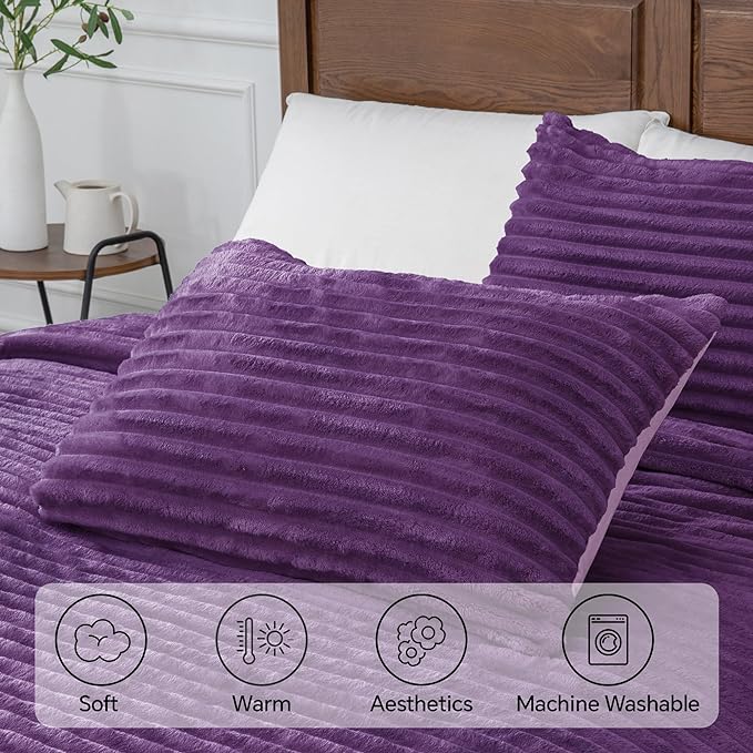 BEDELITE Fleece King Comforter Set, Fluffy Bed Set, Purple | Super Soft & Warm Bedding, Luxury Fuzzy Faux Fur Comforter for Winter, Heavy Plush Bedding, with 2 Pillowcases