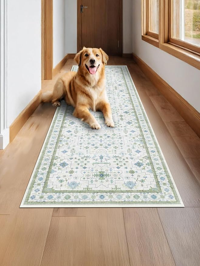 Oushak Wide Hallway Runner Rug 2'6"x8' - Vintage Turkish Floral, Washable Low Pile Non Slip Extra Long Runners for Kitchen, Hall Way - Cream Blue and Green
