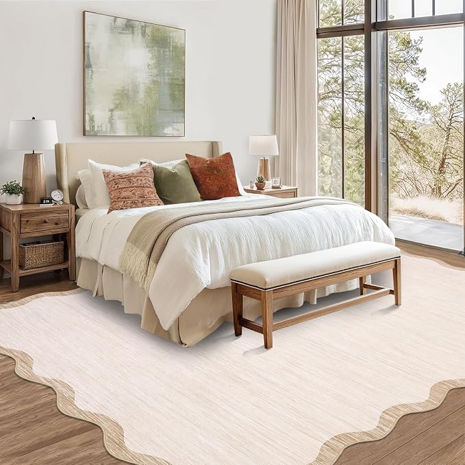 GarveeHome Scalloped Washable 10x13 Area Rug for Bedroom Non Slip, Beige | Farmhouse Living Room Rug Non Slip Large Area Rug Low Pile Throw Rugs Stain Resistant Carpet for Dining Room