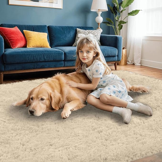 2x6 Fluffy Shag Area Rugs for Living Room Bedroom: Soft Plush Carpet Beige | Upgraded Non-Slip Thick Memory Foam, Ultra Soft, Non-Shedding Fuzzy Carpet, Easy Clean Decor for Kids Room, Nursery, Playroom