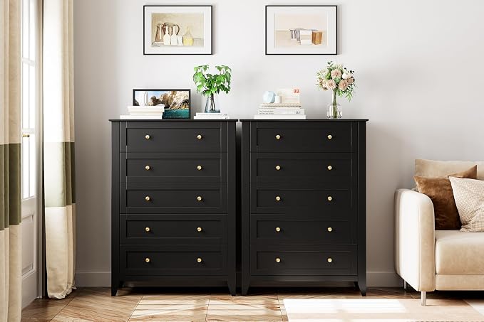 Garvee 5 Drawer Dresser for Bedroom, Modern Tall Chest of Drawers with Metal Knobs, Wooden Clothes Storage Organizer for Closet, Nursery, Living Room, Apartment, Black | Lacquered Finish, Metal Knobs, Clothes Storage Organizer for Closet, Nursery, Livi...