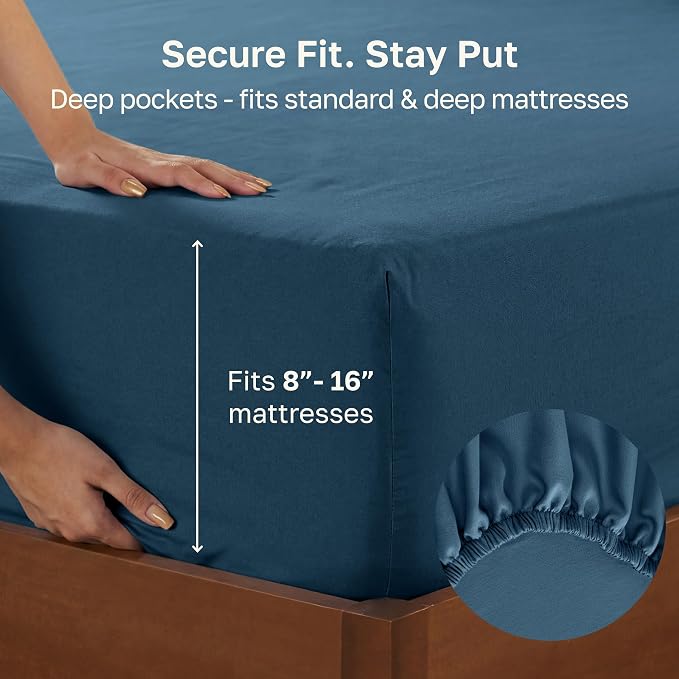 California Design Den 100% Cotton Sateen Queen Size Fitted Sheets, Blue | 400 Thread Count Backed by Good Housekeeping Seal, 16" Deep Pocket, All-Around Elastic, No-Pop Fit, Durable, OEKO-TEX