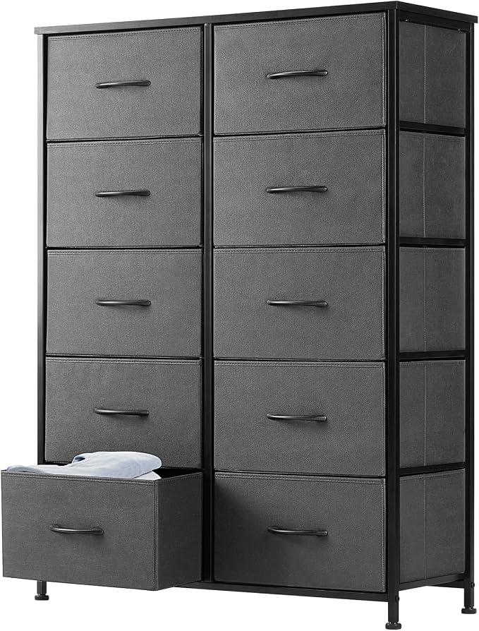 DUMOS 10 Drawer Dresser for Bedroom, Storage Organizer Chest of Drawers | Wide Fabric Closet Organizer Tower Furniture with Wooden Top Metal Frame, Dorm, Grey