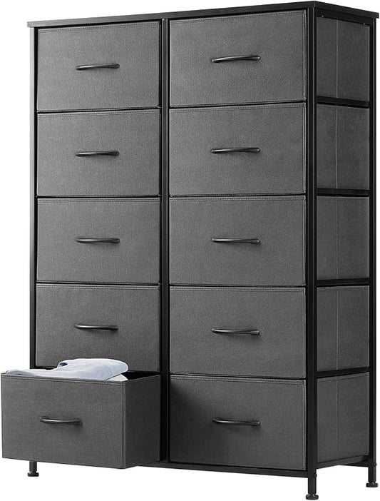 DUMOS 10 Drawer Dresser for Bedroom, Storage Organizer Chest of Drawers | Wide Fabric Closet Organizer Tower Furniture with Wooden Top Metal Frame, Dorm, Grey