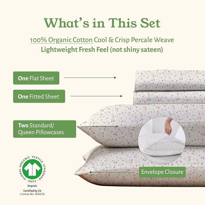California Design Den 100% Organic Cotton Queen Size Sheets, Floral Print | GOTS Certified, Lightweight Crisp & Airy Percale For Hot Sleepers, 15" Deep Pocket, All-around Elastic, Easy Care
