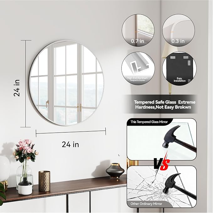 SCWF-GZ 24" Round Mirror Circle Wall Mounted Hanging/Against Wall Silver | HD Crystal Clear No distortion Tempered Glass,Aluminum Frame,Make-Up Mirrors for Bedroom,Entryway,Bathroom,Living Room