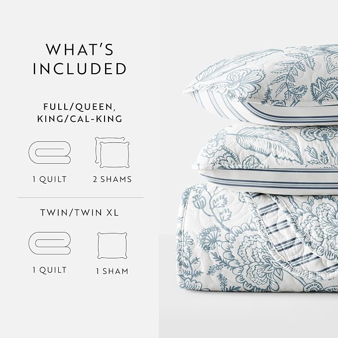 Merit Linens Soft Quilt Coverlet Bedding Set - Reversible Patterns - Full/Queen Dusk Blue