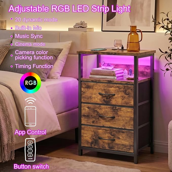 Fixwal Night Stand with 3 Fabric Drawers, Nightstand with Charging Station | rustic brown, led lights, built-in bedside charger, 2 AC outlets & 2 usb ports, 2 wooden shelves, bedroom furniture