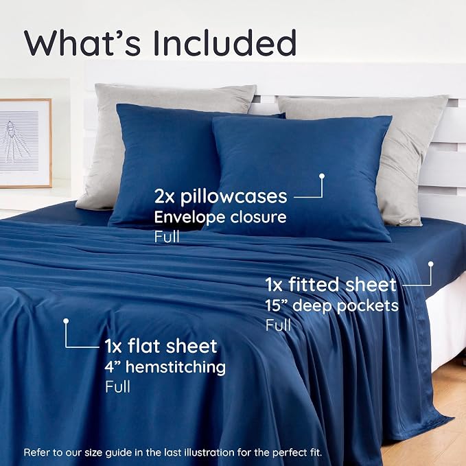 Bambaw 4 PCS - Full 100% Viscose Derived from Bamboo Cooling Sheet Set, Navy Blue