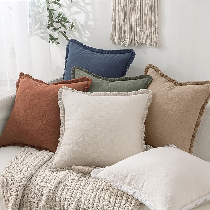 MIULEE Boho Linen Fringe Decorative Euro Throw Pillow Covers Camel 24x24 | Set of 2, Cottagecore Decor, Boho Farmhouse Neutral Pillow Covers, Rustic Couch Cushion Cases for Sofa Bed Living Room