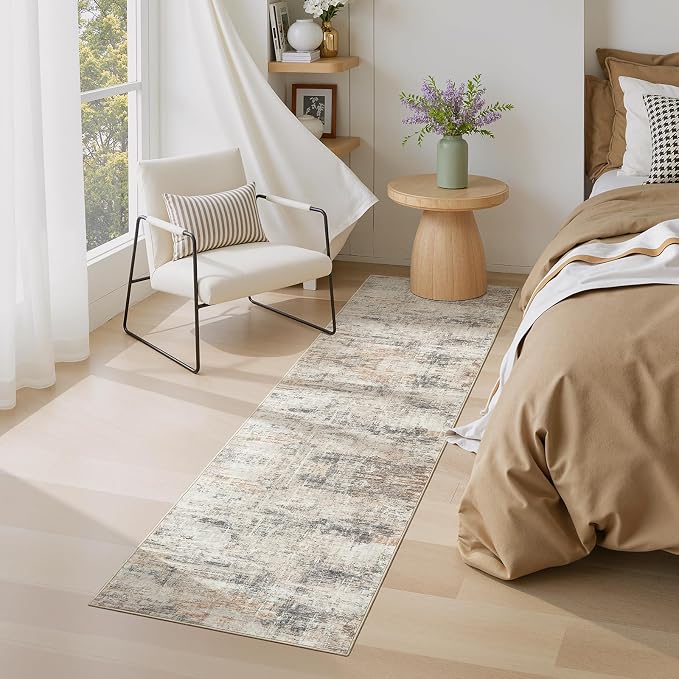 2X8 Area Rug for Hallways, Gold Abstract Washable Non-Slip Runner Rugs | Low Pile Runner Rugs, Soft Carpet for Kitchen Bathroom Bedroom Laundry, Stain Resistant Foldable Non-Shedding Distressed Rug