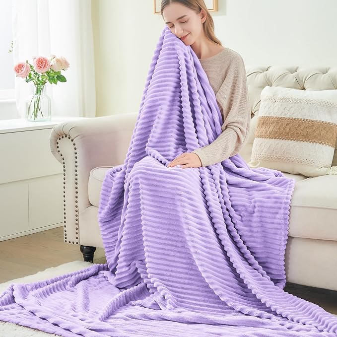 BEDELITE 3D Ribbed Pastel Lilac Fleece Throw Blanket for Couch, 50x60 Inch | Soft Warm Decorative Fluffy Blanket, Cozy Plush Lightweight Fuzzy Throw Blanket for Bed Sofa Home Room Decor, Gift for Women