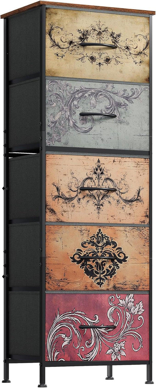 WLIVE Tall Dresser for Bedroom, 5 Drawer Dresser, Pattern | 5 vertical fabric drawers, Tall vertical design, Bedroom or closet use, Dresser for small spaces, Chest of drawers