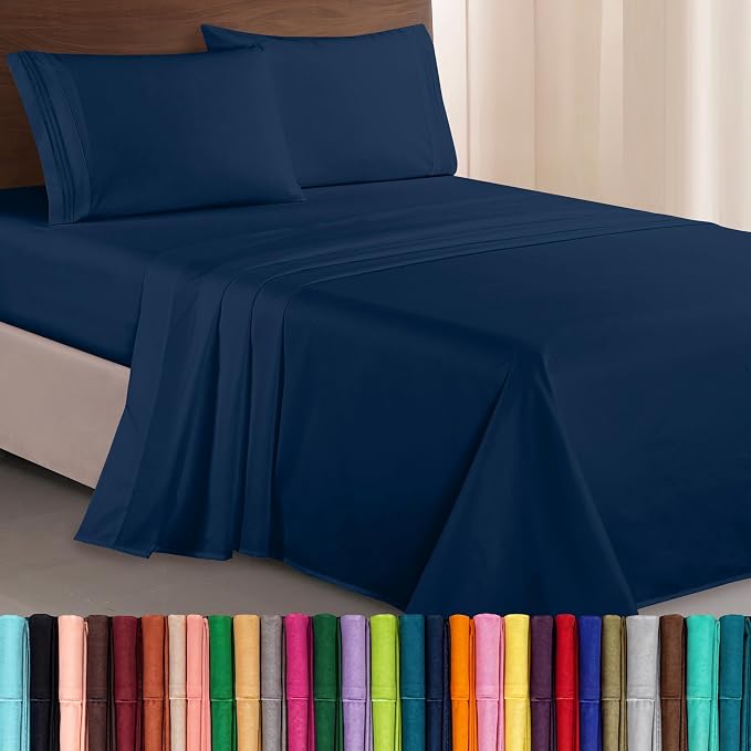 Elegant Comfort Luxurious 1500 Premium Hotel Quality Microfiber Three Line Embroidered Softest 4-Piece Bed Sheet Set, Wrinkle and Fade Resistant, King, Navy Blue