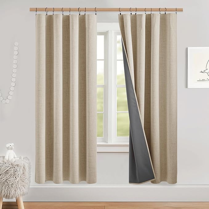 NICETOWN 100% Black Out Linen Curtains 72 inch Long 2 Panels, Beige | Thick Flax, Thermal Insulated, Rod Pocket & Back Tab, Full Light Blocking Draperies for Baby Nursery, Each W52 by L72-inch