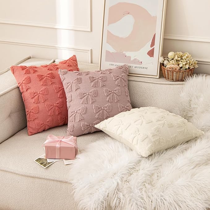 MIULEE Blush Pink Bow Pillow Covers Coquette Room Decor 18x18 | Aesthetic Decorative Cute Girl,Set of 2 Cushion Covers,Soft Plush Faux Pillowcases,Preppy Room Decor Bedroom Couch