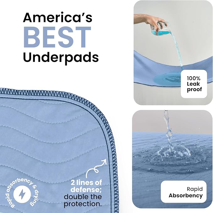 IMPROVIA® Washable Underpads, Heavy Absorbency Reusable Incontinence Pads for Kids, Adults, Elderly, and Pets, Waterproof Protection Floor (Blue, 34"x52" (Pack of 4))