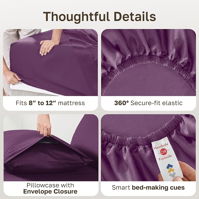 Soft Natural 100% Cotton Sateen Twin XL Sheet Sets, 3 Pcs, Purple Passion | Backed by Good Housekeeping Seal, Light & Breathable For Hot Sleepers, All-Around Elastic, Durable, Easy Care