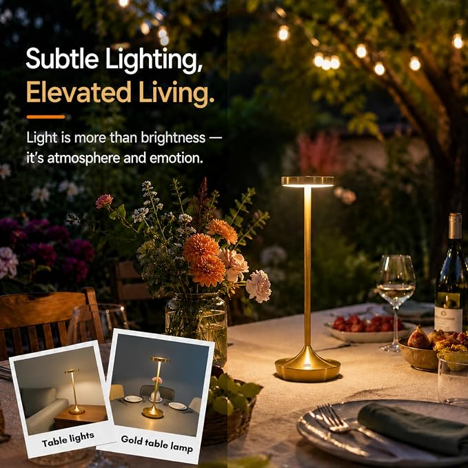 2 Pack Gold Cordless Table Lamps, Rechargeable 6000mAh, 72H Runtime | Stepless Touch Dimming with 3 Color Modes & Memory Function, Portable IP54 Waterproof for Home/Dinner/Patio/Restaurant (Gold)