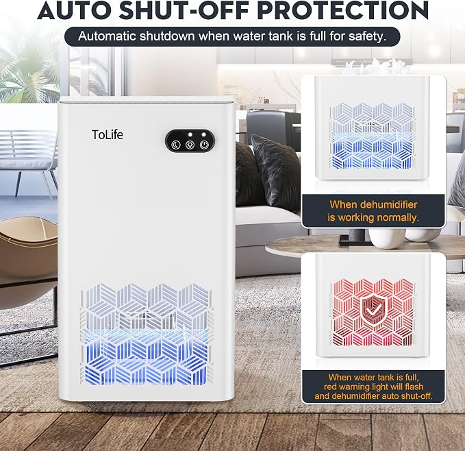 ToLife Dehumidifier, 1000 Sq Ft 95 oz Tank with Sleep Mode, Auto Shutoff | Portable for Home, Bedroom, Bathroom and Basement with 7-Color LED Light, White