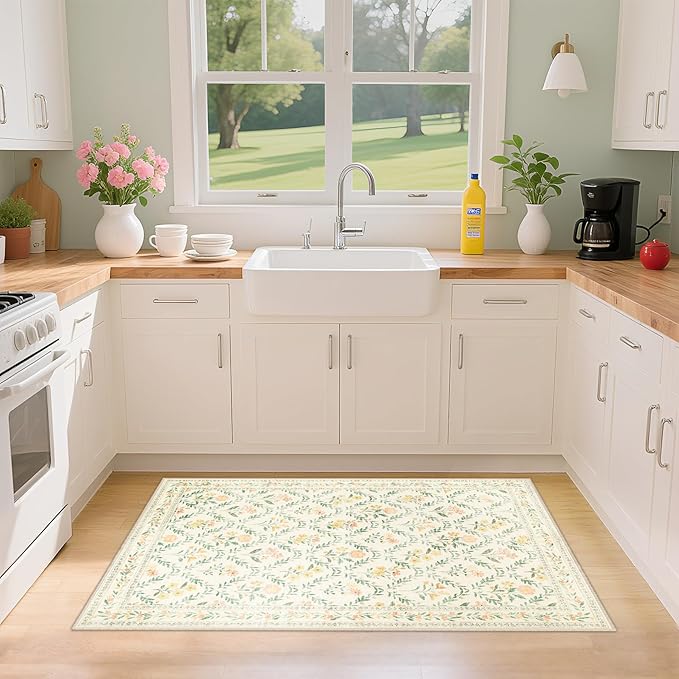 PLHXFR 2x3 Small Entryway Rug: Floral Washable Indoor Carpet Beige Multi | For Entrance, Bedroom, Kitchen, Laundry, Bathroom,Door Mat,Vintage Floral,Machine washable,Non-Slip,Stain Resistant,Indoor
