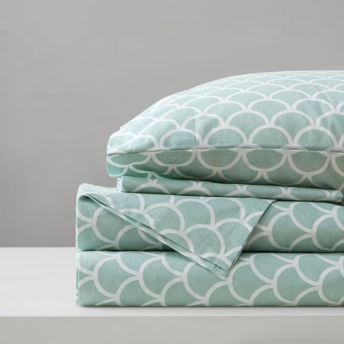 Comfort Spaces 100% Cotton Percale Sheets Queen Sheet Set 4 Pcs, Scales | Crisp, Cool & Breathable Bed Sheets, 14" Deep Pocket Fits Up to 16" Mattress, Lightweight, All Season Cozy, with Pillow Case