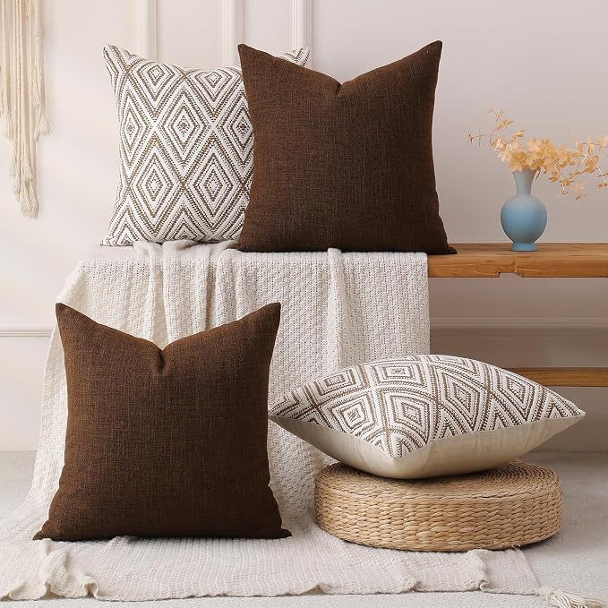 HPUK Throw Pillow Covers 18x18, Set of 4, Chocolate Couch Pillow Covers | Polyester fabric, patterned and solid designs, hidden zippers, machine washable, for sofas and beds, inserts not included
