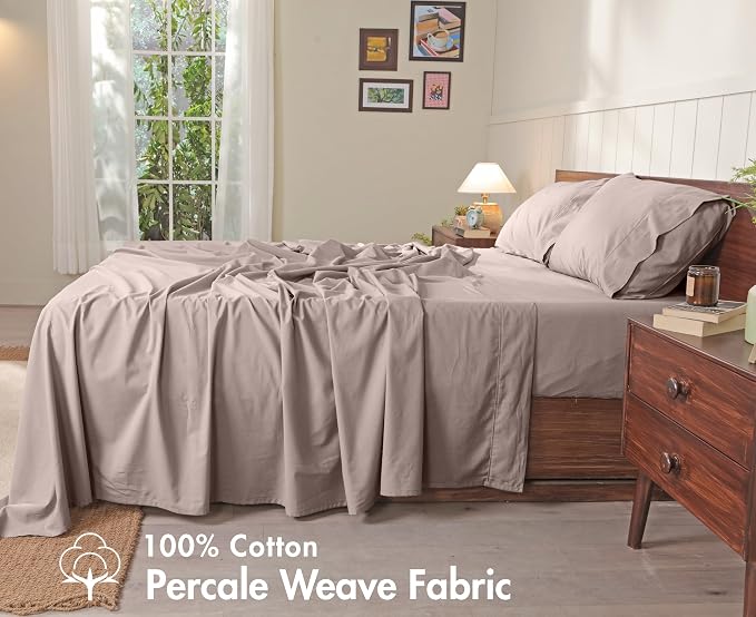 RUVANTI 100% Cotton Percale Sheets, California King, Warm Mocha | Crisp Cooling for Hot Sleepers, Deep Pocket 14", Soft Breathable & Durable, Hotel-Style 4 Piece Set