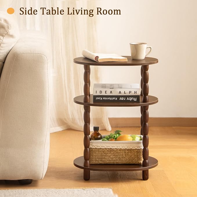 MaxSmeo Small Side Table, 3-Tier Small End Table, Modern Oval Night Stand Accent Table for Living Room, Bedroom, Walnut Brown