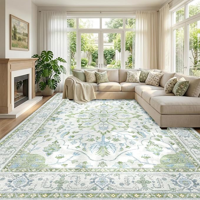 RELEANY Washable Area Rug, Large 9'x12', Green/White/Blue | Non-Slip, Water Repellent, Pet Friendly, Easy to Clean, Vintage Floral Boho Decor for Living Room Bedroom Dining Room
