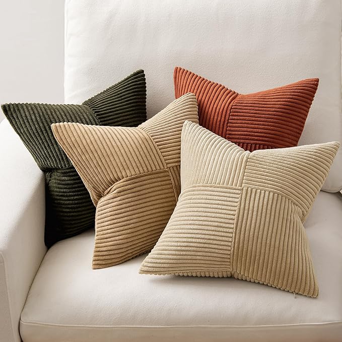 MIULEE Rust-Olive Green Decorative Throw Pillow Covers 18x18 Inch Set of 4 Boho Color-Clash Cushion Cases Farmhouse Pillow Cases Corduroy Striped Home Decor for Couch Sofa Living Room Bed