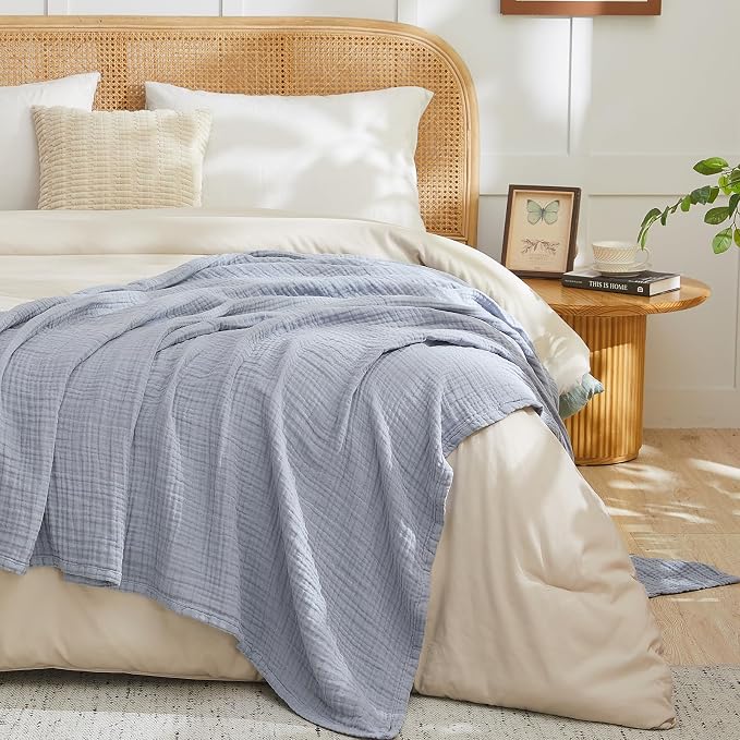 EMME Muslin Blankets for Adults Throw Blanket for Couch Breathable Gauze Soft Lightweight Airy Dusty Blue Twin 60" x 80"