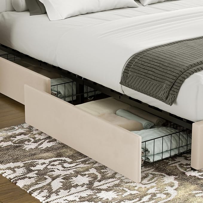 VECELO Full Size Upholstered Bed Frame with 4 Drawers and Headboard, Velvet Platform Storage Bedframe, Wooden Slats Support, No Box Spring Needed,Beige