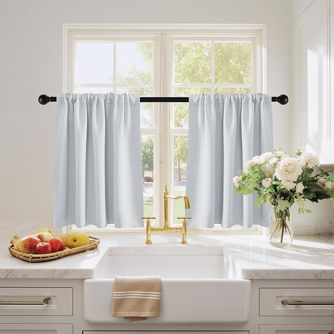 PONY DANCE Short Length Curtains for Kitchen, RV Curtain Tiers for Bedroom, Room Darkening for Bedroom, Width 29 x Length 24 inches,Greyish White, 2 Pieces