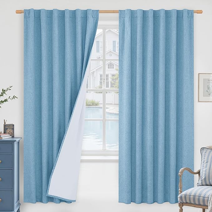 72 Inch 100% Blackout Linen Curtains for Living Room 2 Panels | Blue, Thermal Bedroom Curtains, Privacy Protected, Boys' Room Panels, with White Liner, Rod Pocket Back Tab, 52 x 72 Inch