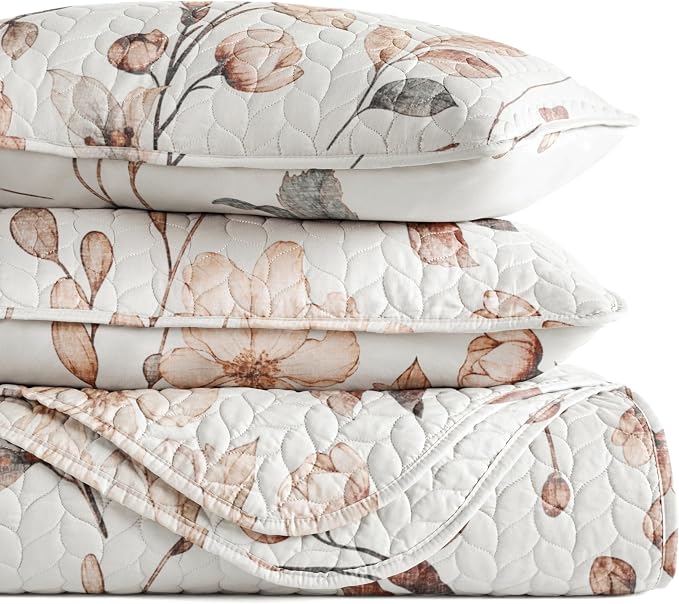 Merit Linens 3 Piece Quilt Set - Super Soft - Lightweight - All Season Quilted Coverlet - Timeless Patterns - King/Cal-King Natural