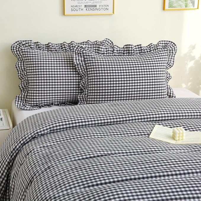 Silnuo Black/White Gingham Plaid Ruffle 3-Piece Duvet Cover Set Twin Size | 100% Washed Cotton Shabby Checkered Bedding Set Farmhouse Comforter Cover Set(Twin,Black/White)