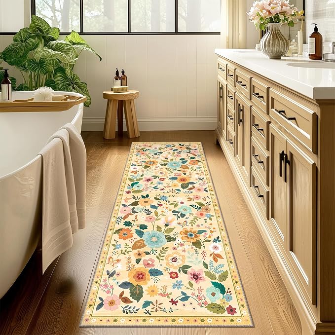 Floral Washable 2x6 Area Rugs Runner Entryway Hallway Yellow/Orange | Flower Carpet, Print, Boho, Non-Slip, Easy to Clean, Low Pile, Soft, for Living Room Bedroom Kitchen Office Entrance
