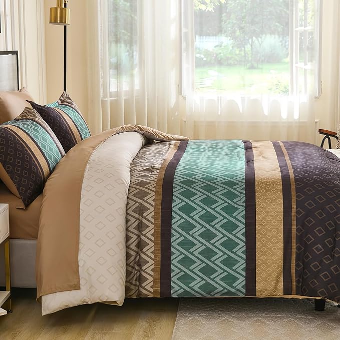 Cottolester Queen Comforter Set 7 Pieces,Boho Striped Bed in a Bag | Brown and Green Bed Set,Soft Microfiber Complete Bedding Sets