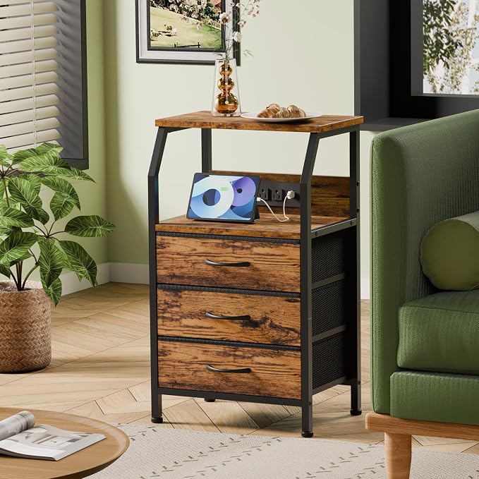 Furnulem Night Stand with Charging Station, 3 Fabric Drawers Bedside Table | Rustic Brown Dorm Nightstand For Bedroom, 28.3 Inch Tall, Usb Ports & Outlets, Side Table with Storage Shelf, 3 Ways to Use