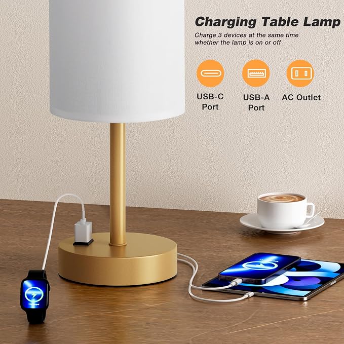 Gold Nightstand Bedroom Lamp - 3 Way Dimmable Bedside Lamp USB C A Charging Ports and AC Outlet, Small Table Lamp Linen Lampshade for Office Desk